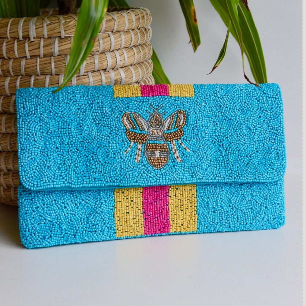 MULTICOLOR BEE BEADED CLUTCH PURSE CROSSBODY BAG IN AQUA BLUE COLOR